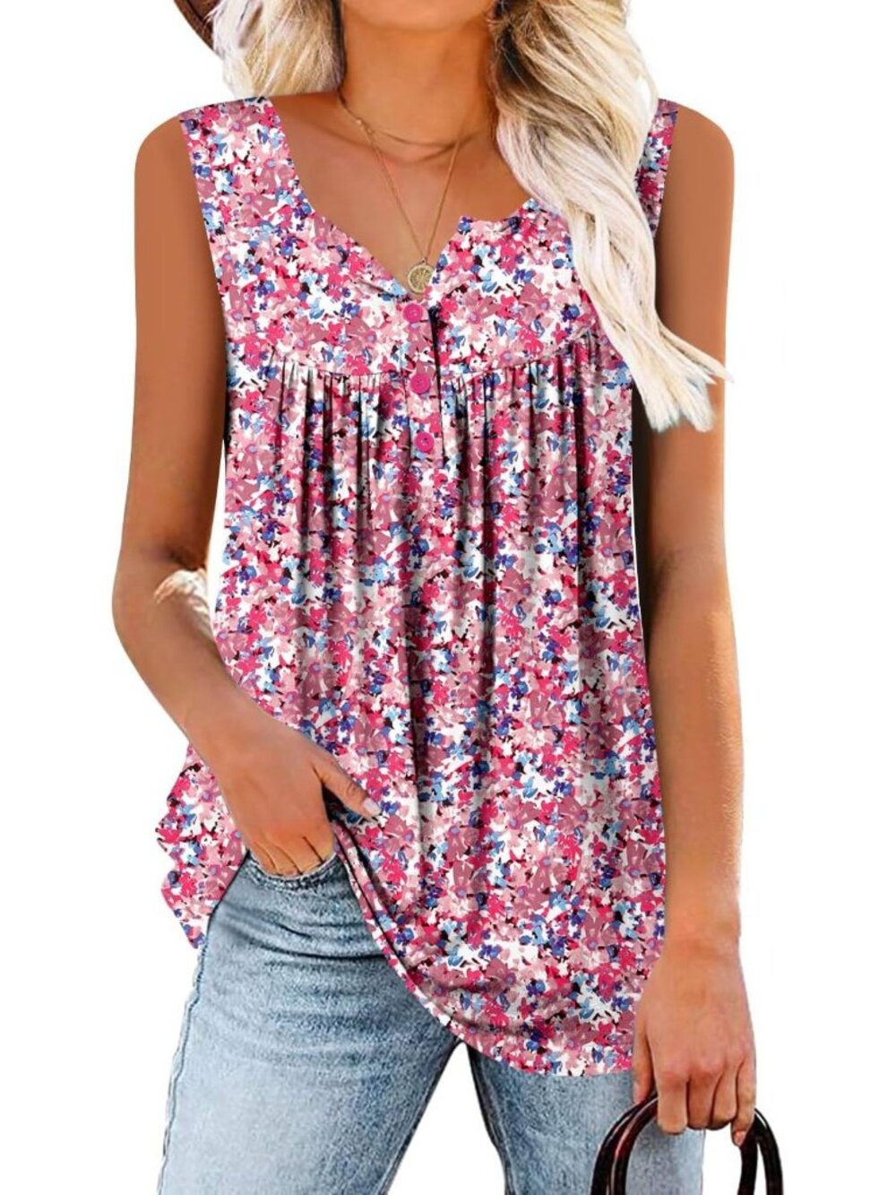 Women's Pink Brown Tank Tops Pleated Blouse Summer Sleeveless Tops Basic